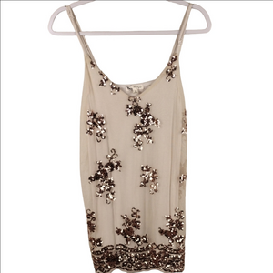 About A Girl Cream Tan Tulle Metallic Sequin Overlay Spaghetti Strap Tank Top